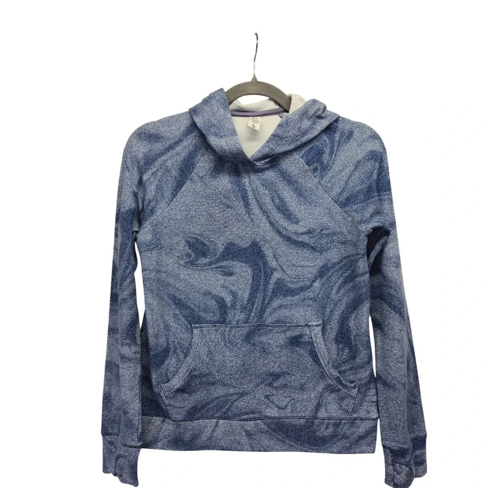 Athleta Girl Blue Marble Swirl Hoodie Sweatshirt Large 12 Raglan Kangaroo Pocket